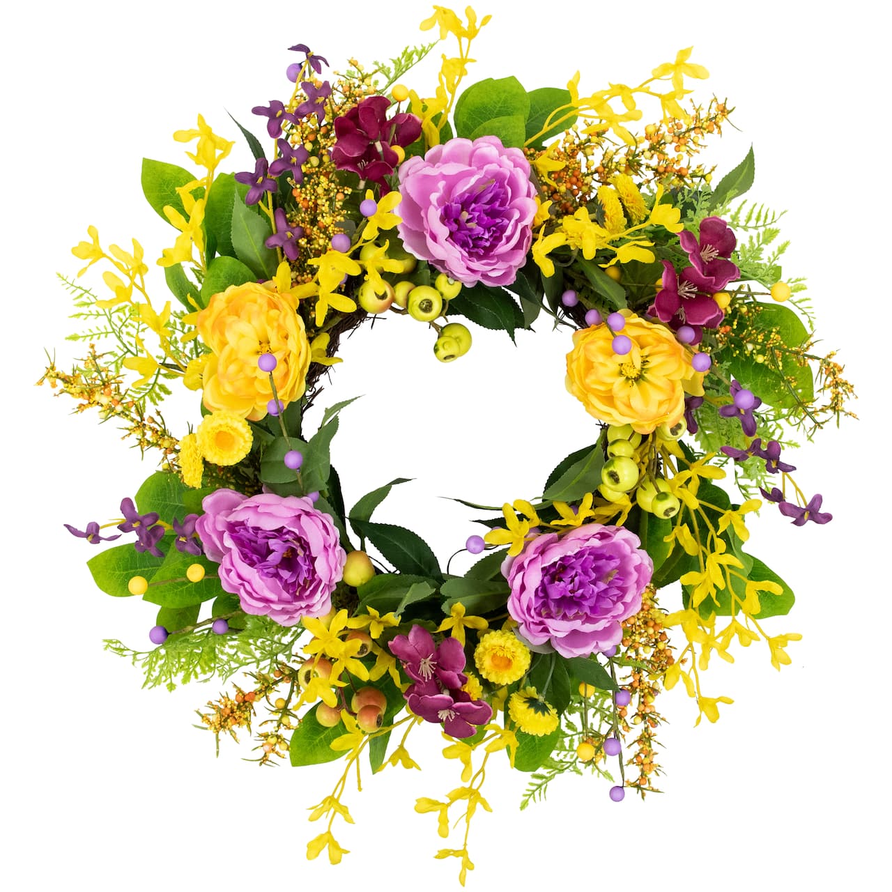 24" Yellow & Purple Peonies & Forsythia Spring Wreath